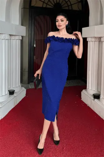 Atlas Fabric Floral Pearl Detailed Pencil Dress - SAX BLUE - BÜYÜKBEDENIZ (1)