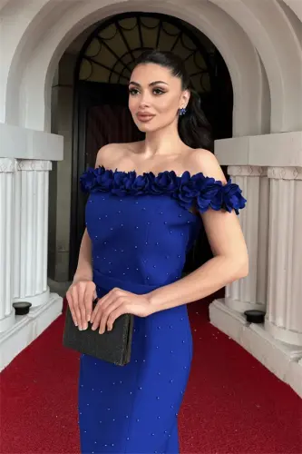 Atlas Fabric Floral Pearl Detailed Pencil Dress - SAX BLUE - 3