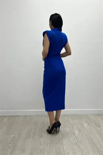 Atlas Fabric Gathered and Brooch Detailed Pencil Dress - SAX BLUE - 5