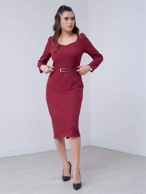 Atlas Fabric Heart Neck Belted Dress - BURGUNDY - 2
