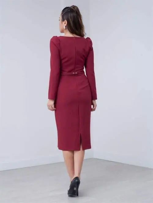 Atlas Fabric Heart Neck Belted Dress - BURGUNDY - 5