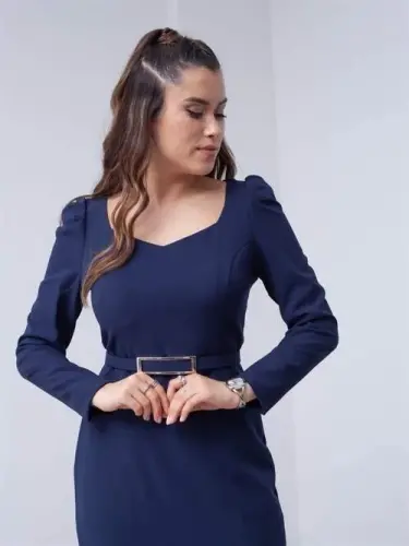 Atlas Fabric Heart Neck Belted Dress - NAVY BLUE - 3