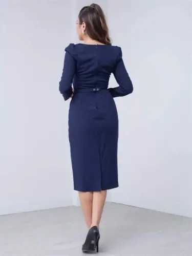 Atlas Fabric Heart Neck Belted Dress - NAVY BLUE - 5