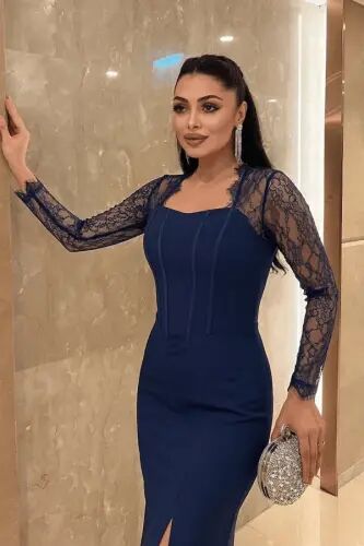 Atlas Fabric Lace Detailed Corset Evening Dress - NAVY BLUE - 7