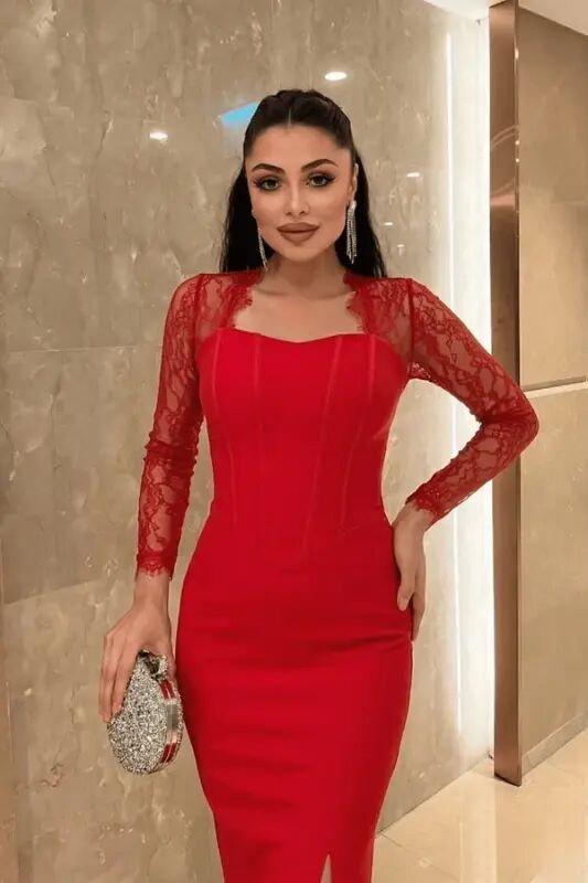 Atlas Fabric Lace Detailed Corset Evening Dress - RED - 2