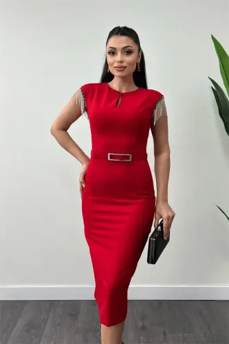 Atlas Fabric Off-the-Shoulder Tassel Dress - RED - 3