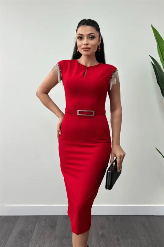 Atlas Fabric Off-the-Shoulder Tassel Dress - RED - 3