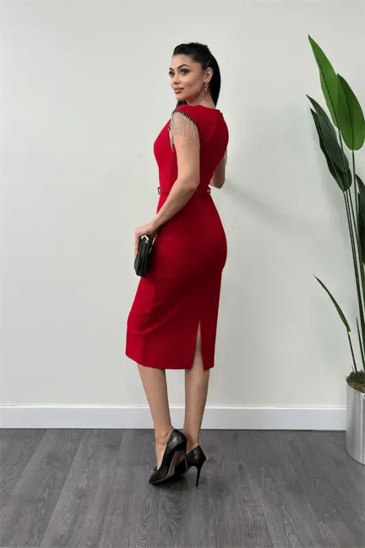 Atlas Fabric Off-the-Shoulder Tassel Dress - RED - 5