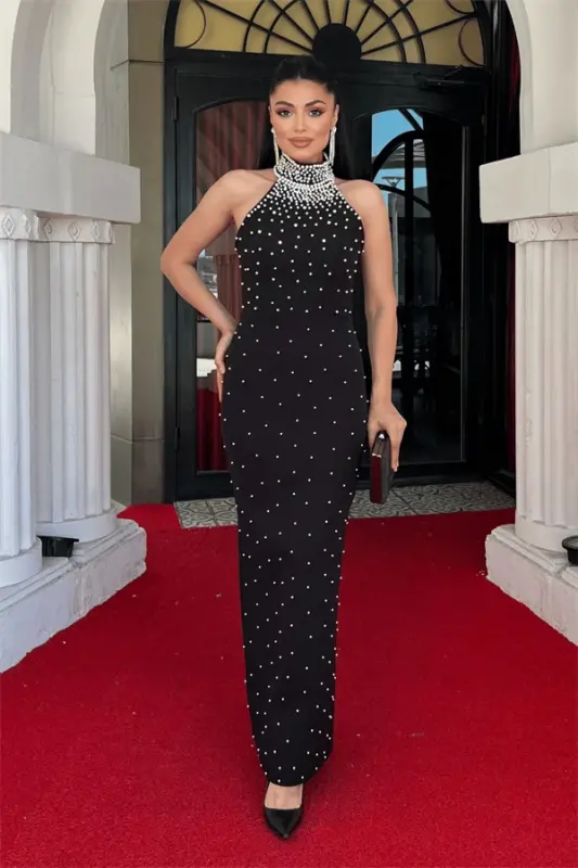 Atlas Fabric Pearl Detailed Halter Neck Evening Dress - BLACK - 1