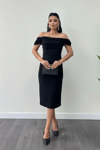 Atlas Fabric Pearl Detailed Low Neck Evening Dress - BLACK - 1