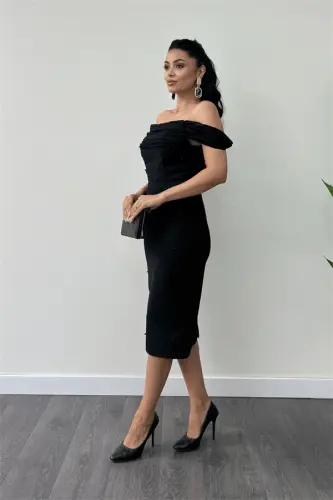 Atlas Fabric Pearl Detailed Low Neck Evening Dress - BLACK - BÜYÜKBEDENIZ (1)