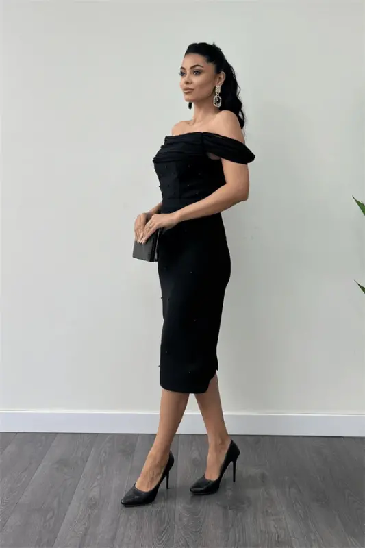 Atlas Fabric Pearl Detailed Low Neck Evening Dress - BLACK - 2