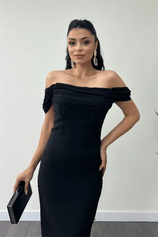 Atlas Fabric Pearl Detailed Low Neck Evening Dress - BLACK - 3