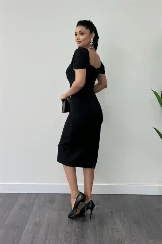 Atlas Fabric Pearl Detailed Low Neck Evening Dress - BLACK - 5