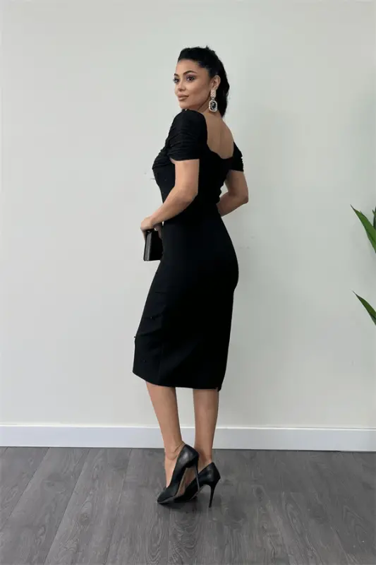 Atlas Fabric Pearl Detailed Low Neck Evening Dress - BLACK - 5