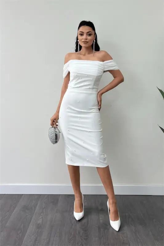 Atlas Fabric Pearl Detailed Low Neck Evening Dress - WHITE - BÜYÜKBEDENIZ