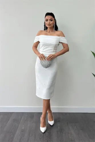 Atlas Fabric Pearl Detailed Low Neck Evening Dress - WHITE - BÜYÜKBEDENIZ (1)