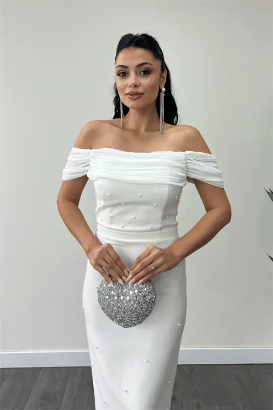 Atlas Fabric Pearl Detailed Low Neck Evening Dress - WHITE - 3