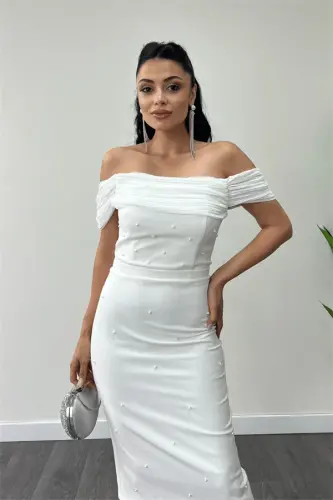 Atlas Fabric Pearl Detailed Low Neck Evening Dress - WHITE - 4