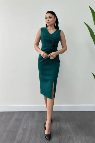 Atlas Fabric Pencil Dress with Rose Detail - EMERALD GREEN - BÜYÜKBEDENIZ (1)