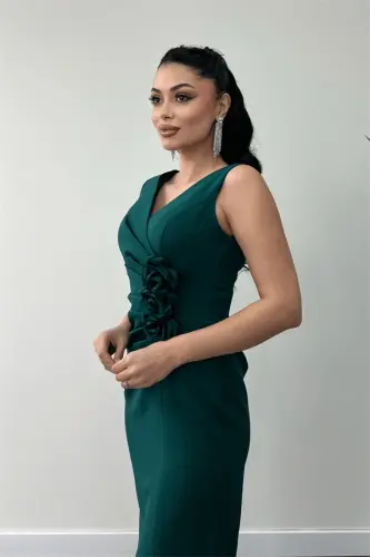 Atlas Fabric Pencil Dress with Rose Detail - EMERALD GREEN - 5