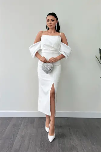 Atlas Fabric Pencil Dress with Satin Detail - WHITE - 1