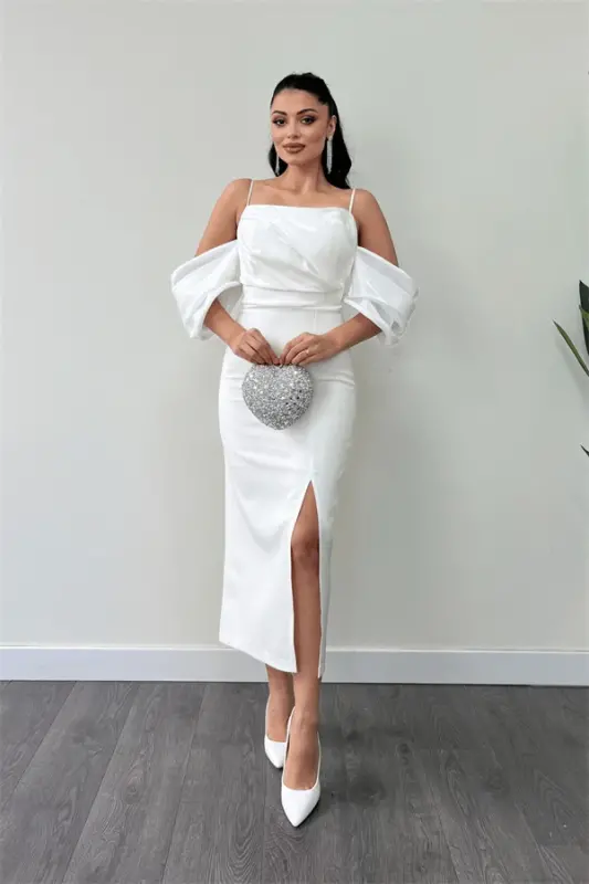 Atlas Fabric Pencil Dress with Satin Detail - WHITE - 1