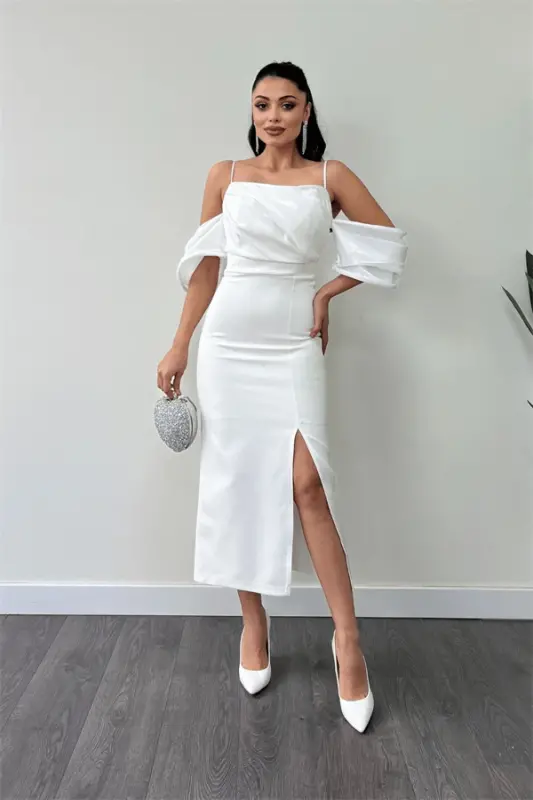 Atlas Fabric Pencil Dress with Satin Detail - WHITE - 2