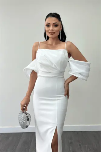 Atlas Fabric Pencil Dress with Satin Detail - WHITE - 3