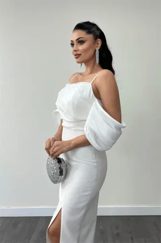 Atlas Fabric Pencil Dress with Satin Detail - WHITE - 4