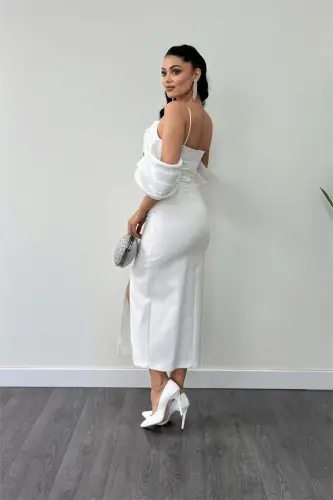 Atlas Fabric Pencil Dress with Satin Detail - WHITE - 5