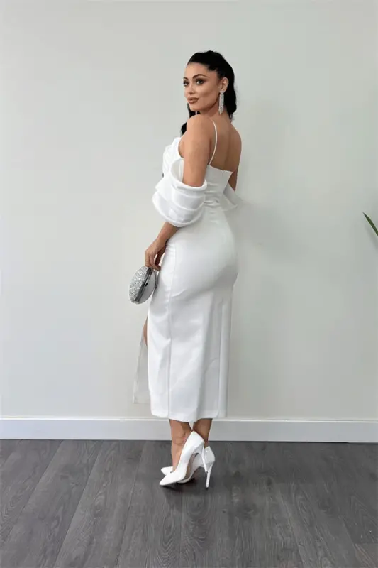 Atlas Fabric Pencil Dress with Satin Detail - WHITE - 5