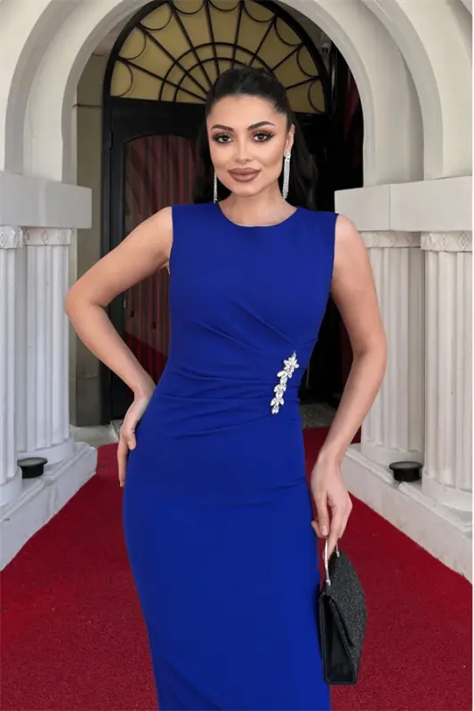 Atlas Fabric Pleated Brooch Detailed Pencil Dress - SAX BLUE - 4