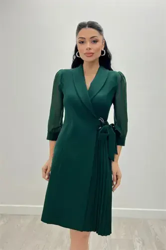 Atlas Fabric Pleated Jacket Dress - EMERALD GREEN - 1
