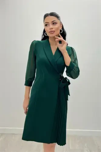 Atlas Fabric Pleated Jacket Dress - EMERALD GREEN - 2