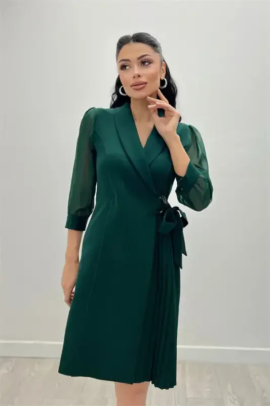 Atlas Fabric Pleated Jacket Dress - EMERALD GREEN - 2