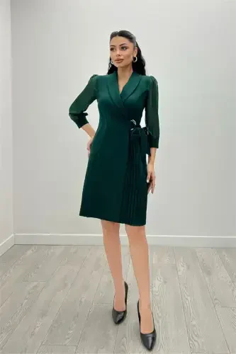 Atlas Fabric Pleated Jacket Dress - EMERALD GREEN - 4
