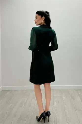 Atlas Fabric Pleated Jacket Dress - EMERALD GREEN - 5