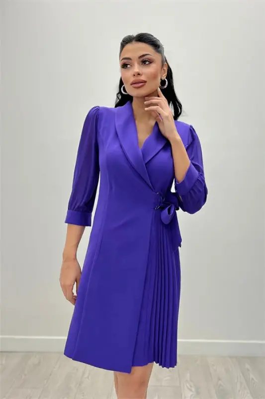 Atlas Fabric Pleated Jacket Dress - PURPLE - 1