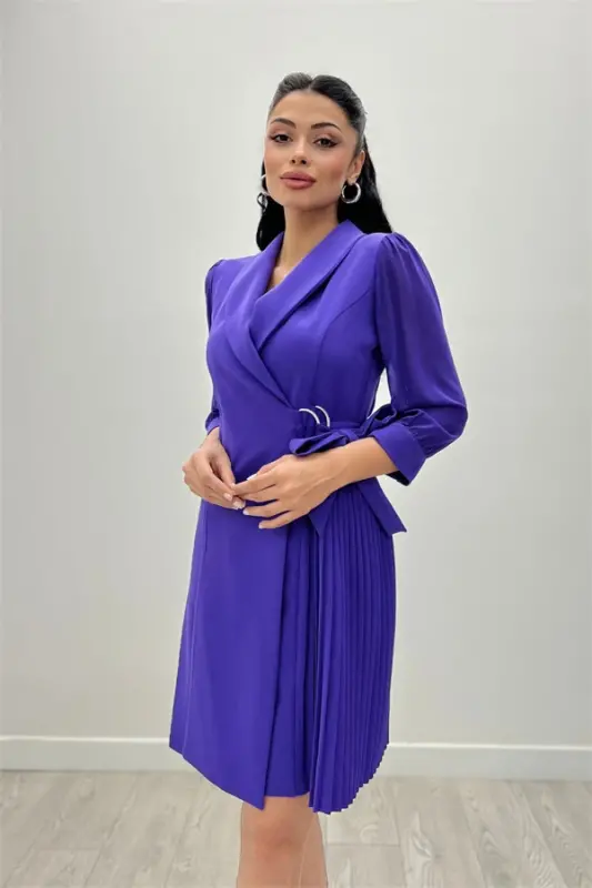 Atlas Fabric Pleated Jacket Dress - PURPLE - 2