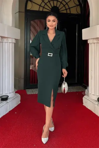 Atlas Fabric Pleated Sleeve Detail Jacket Dress - EMERALD GREEN - 1