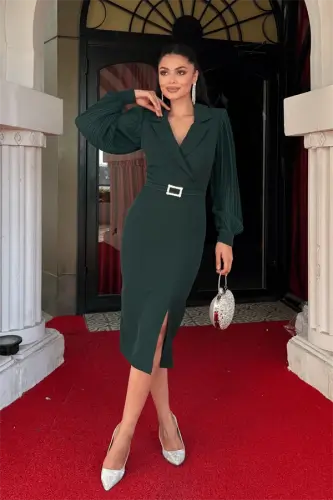 Atlas Fabric Pleated Sleeve Detail Jacket Dress - EMERALD GREEN - BÜYÜKBEDENIZ (1)