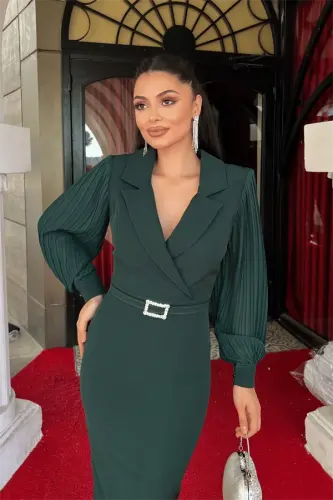 Atlas Fabric Pleated Sleeve Detail Jacket Dress - EMERALD GREEN - 8