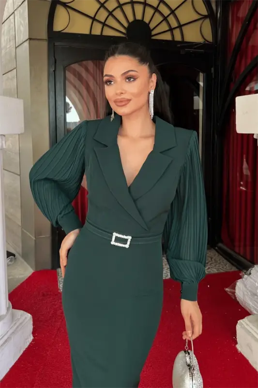 Atlas Fabric Pleated Sleeve Detail Jacket Dress - EMERALD GREEN - 3