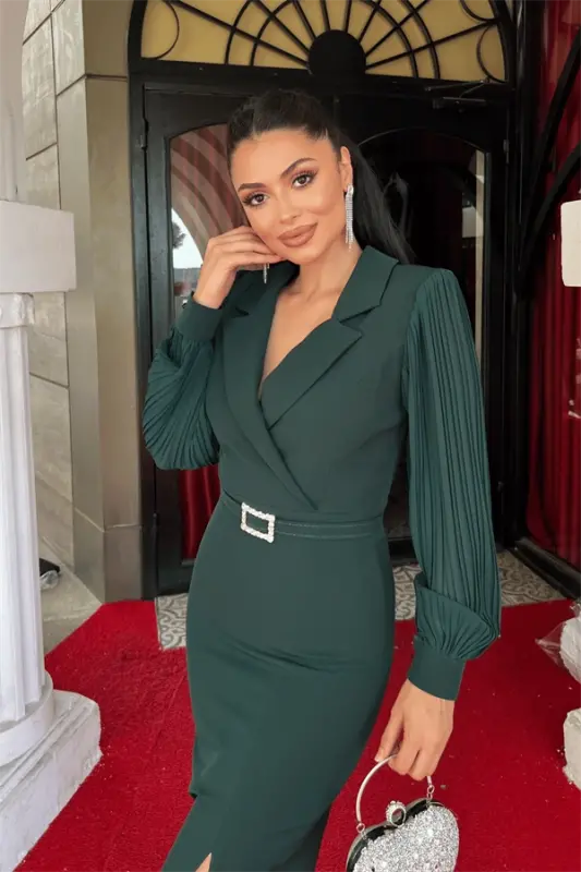 Atlas Fabric Pleated Sleeve Detail Jacket Dress - EMERALD GREEN - 4