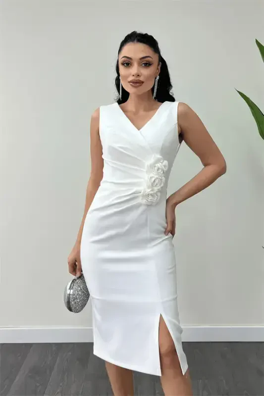 Atlas Fabric Rose Detail Pencil Dress - WHITE - 3