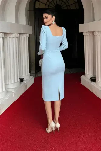 Atlas Fabric Rose Detailed Pencil Dress - BABY BLUE - 5