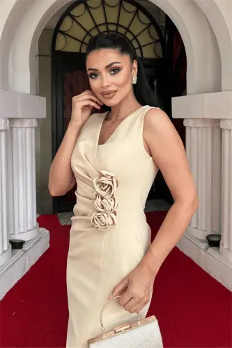 Atlas Fabric Rose Detailed Pencil Dress - BEIGE - 3