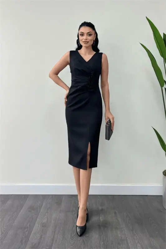Atlas Fabric Rose Detailed Pencil Dress - BLACK - BÜYÜKBEDENIZ