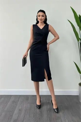 Atlas Fabric Rose Detailed Pencil Dress - BLACK - BÜYÜKBEDENIZ (1)